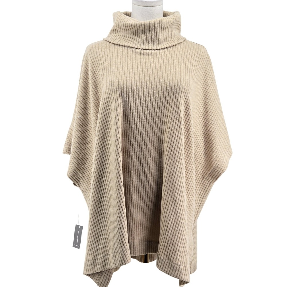 Van Heusen Sweater‎ Cape Womens Medium Beige Turtleneck Short Sleeve Tight-Knit